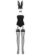 Bunny (woman), teddy costume, bows, garters, matching stockings